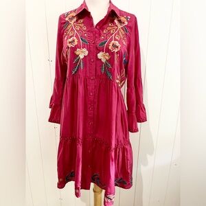 Johnny Was Workshop Dress floral Embroidered  Silk Tiered  Red multicolored
